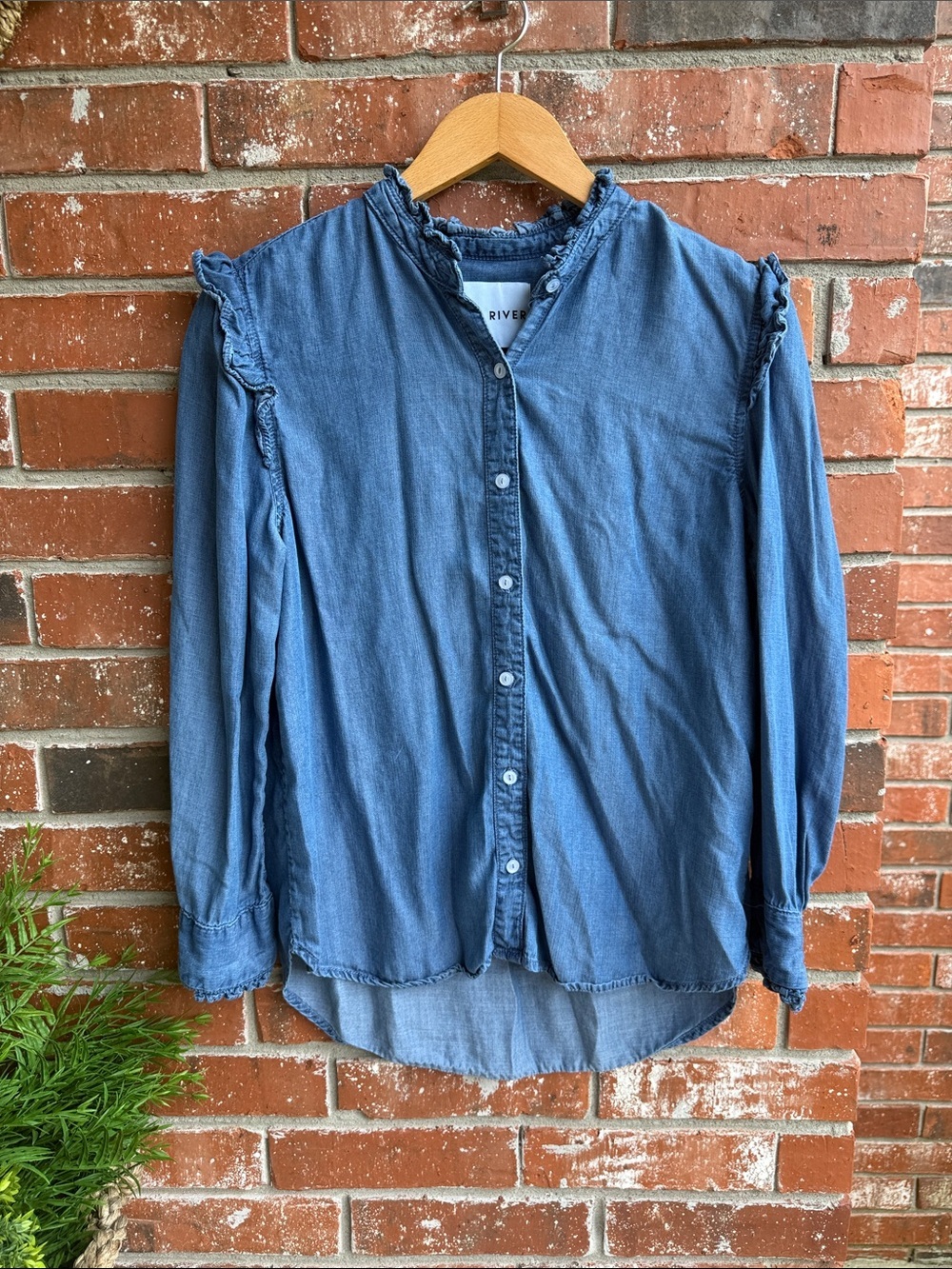 Lola River Denim Button-Up Ruffle Accents Blouse